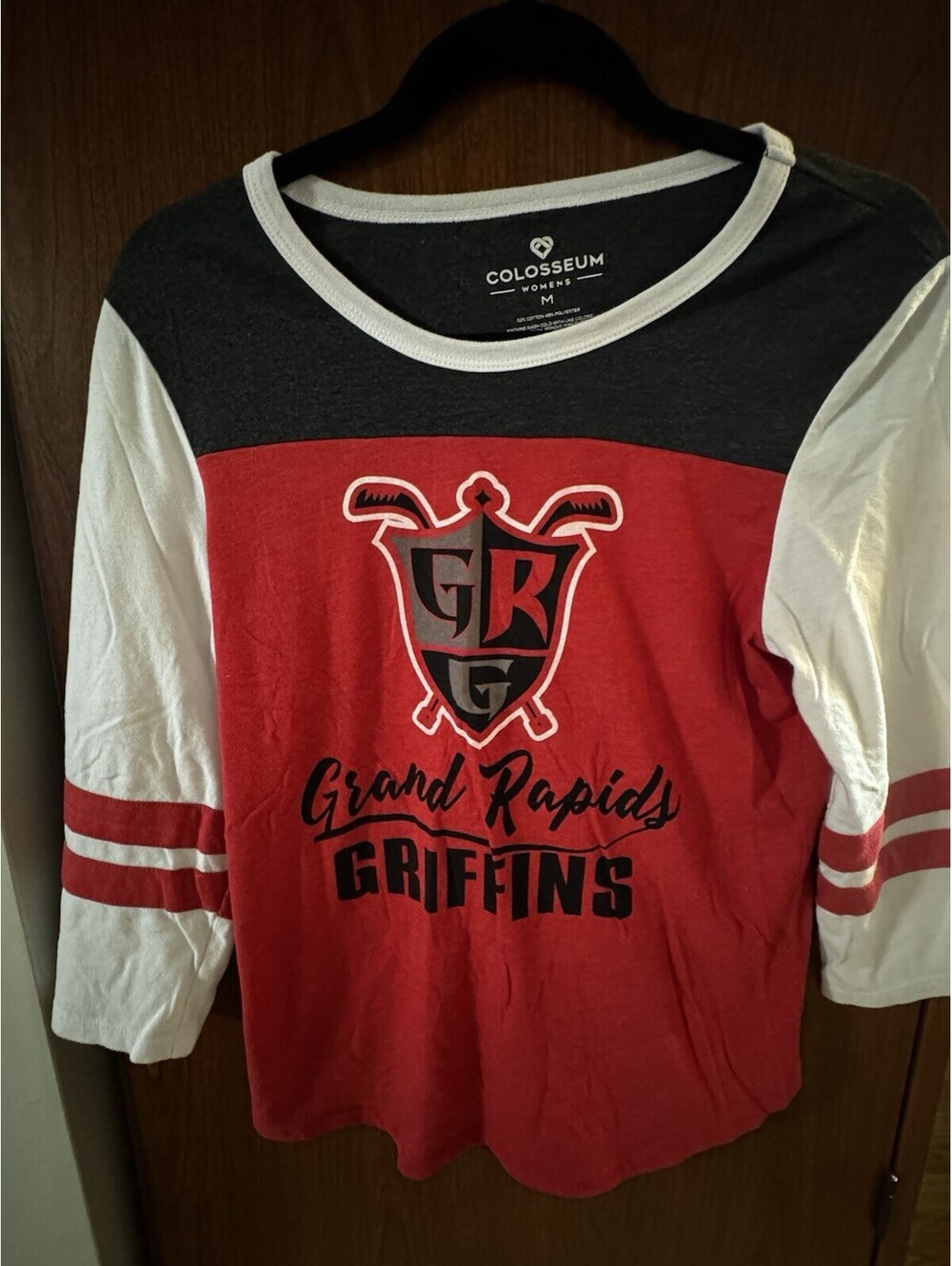 Grand Rapids Griffins Womens Medium 3/4 Sleeve Shirt Colosseum Red White Hockey